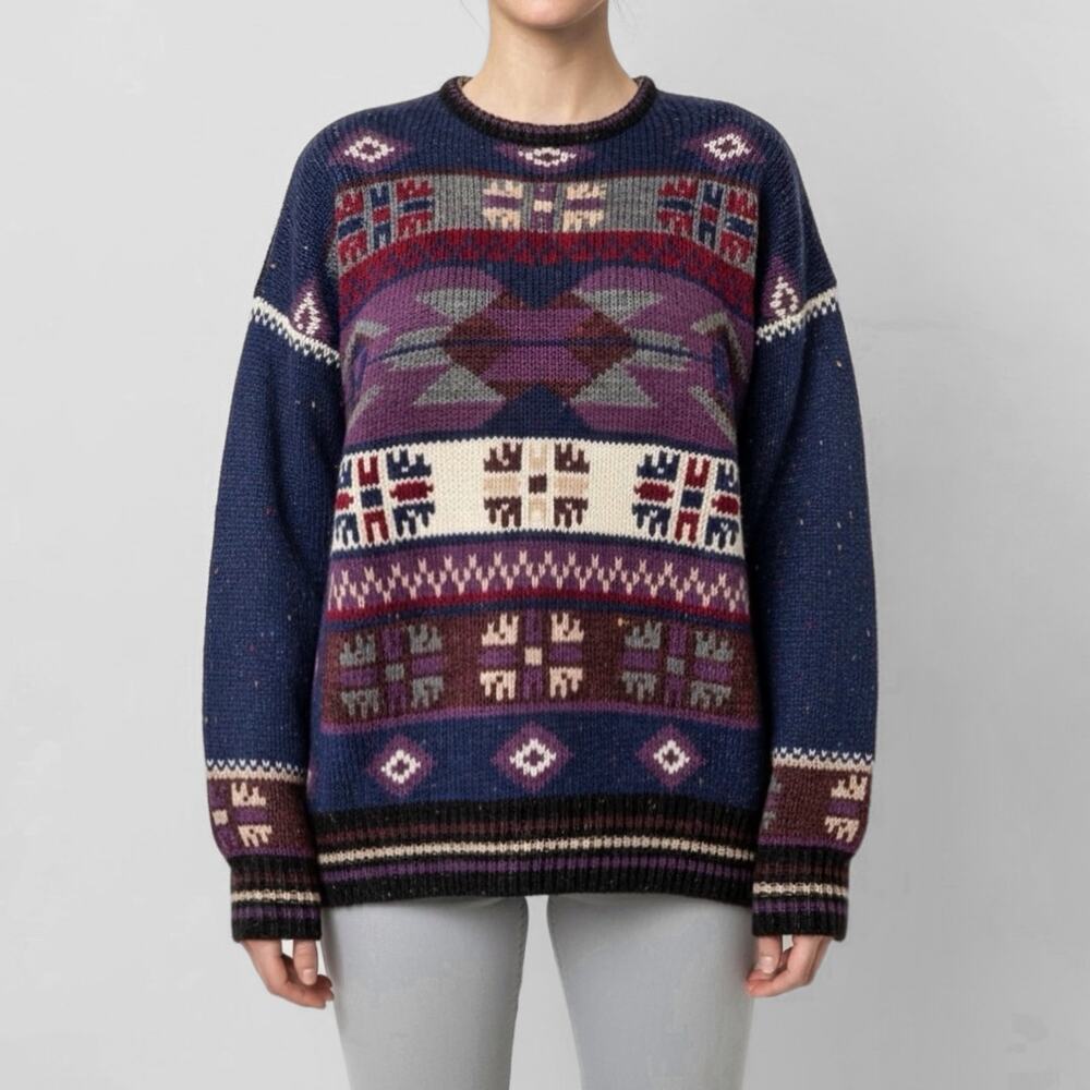 90s 100% Shetland Wool Sweater XL Donegal Ski Southwestern Aztec Granola Girl